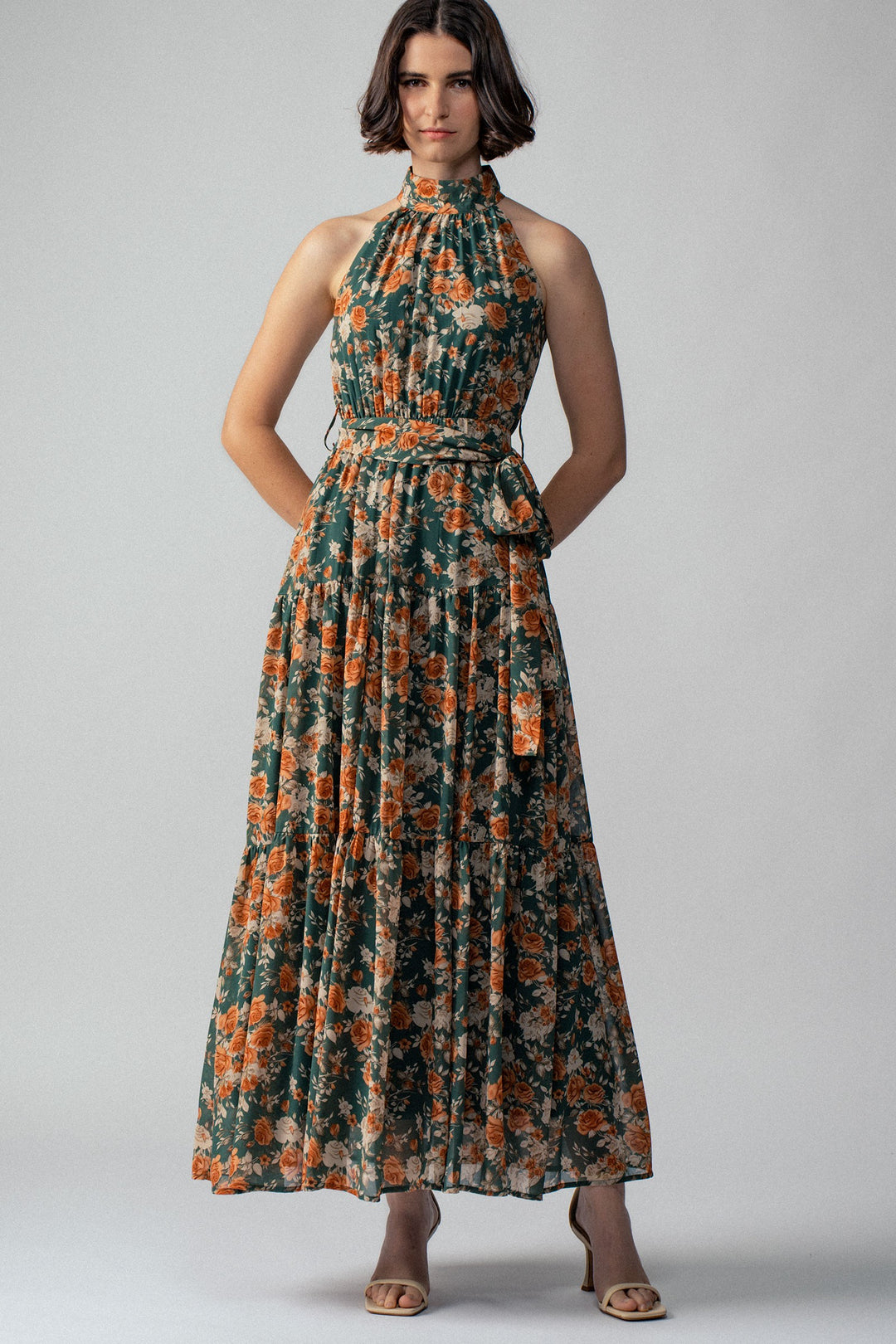 Floral Tiered Halter Neck Maxi Dress with Belt in Green - Women's Wholesale Vacation Dresses | Trend Notes
