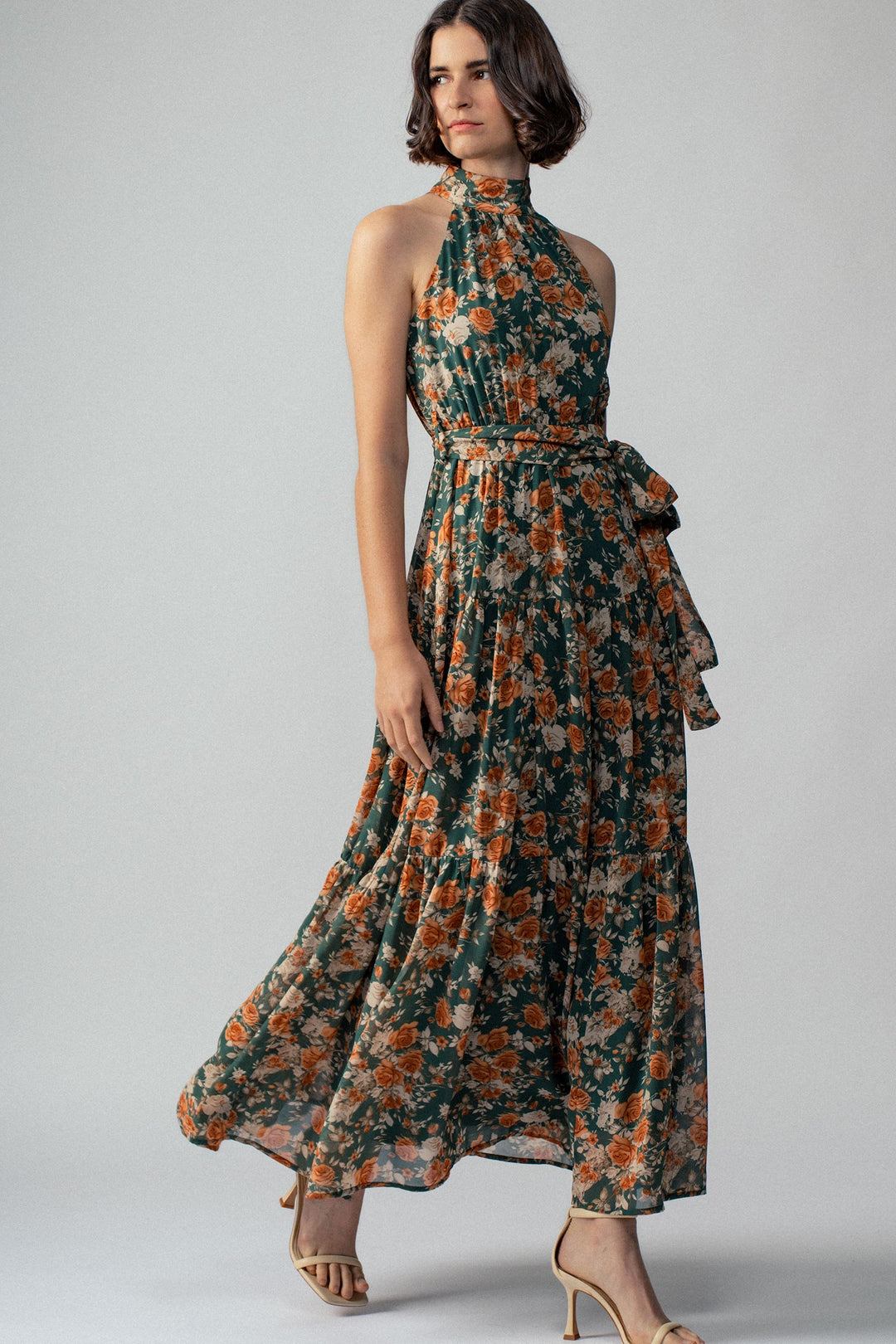 Floral Tiered Halter Neck Maxi Dress with Belt in Green - Women's Wholesale Vacation Dresses | Trend Notes