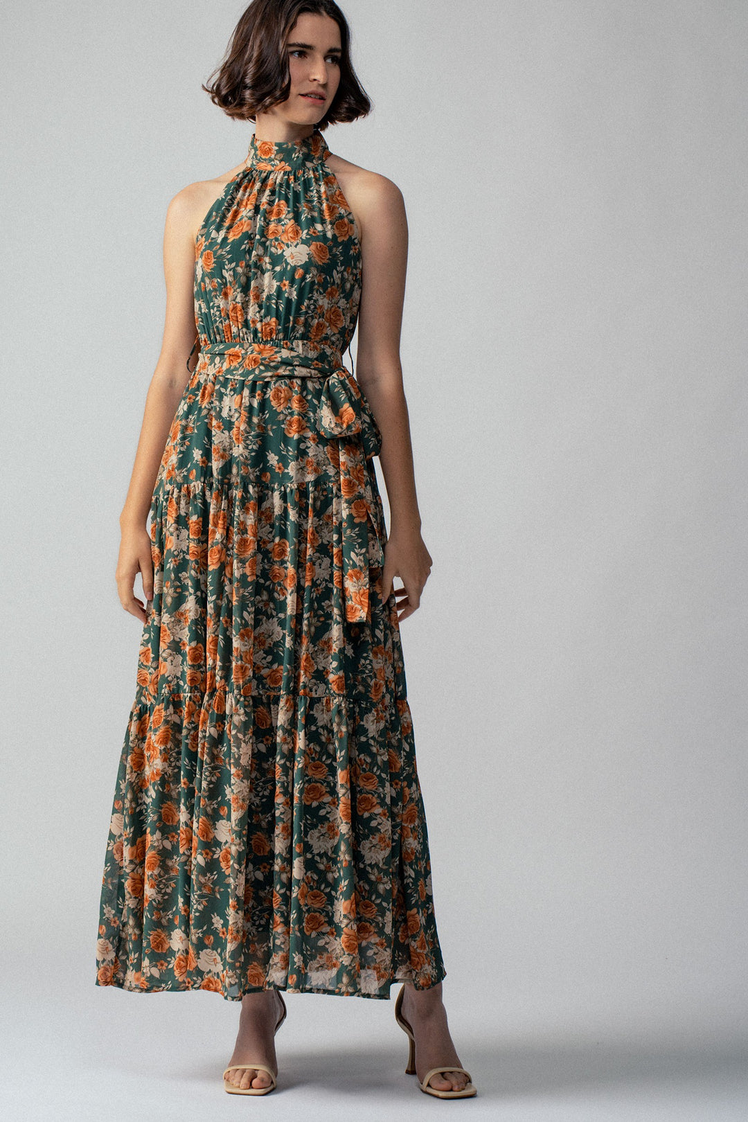 Floral Tiered Halter Neck Maxi Dress with Belt in Green - Women's Wholesale Vacation Dresses | Trend Notes