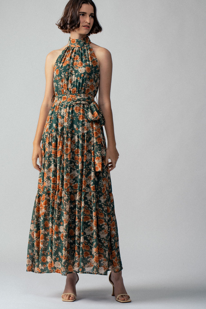 Floral Tiered Halter Neck Maxi Dress with Belt in Green - Women's Wholesale Vacation Dresses | Trend Notes