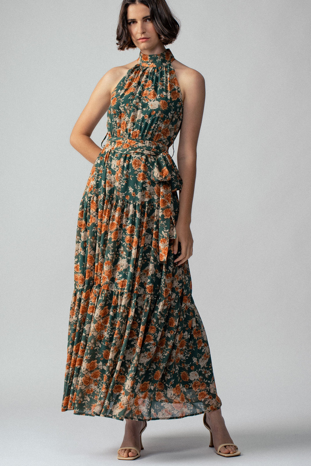 Floral Tiered Halter Neck Maxi Dress with Belt in Green - Women's Wholesale Vacation Dresses | Trend Notes