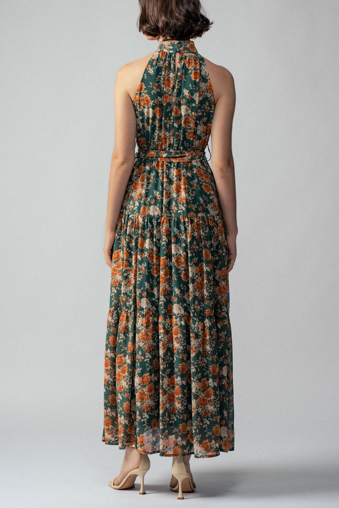 Floral Tiered Halter Neck Maxi Dress with Belt in Green - Women's Wholesale Vacation Dresses | Trend Notes