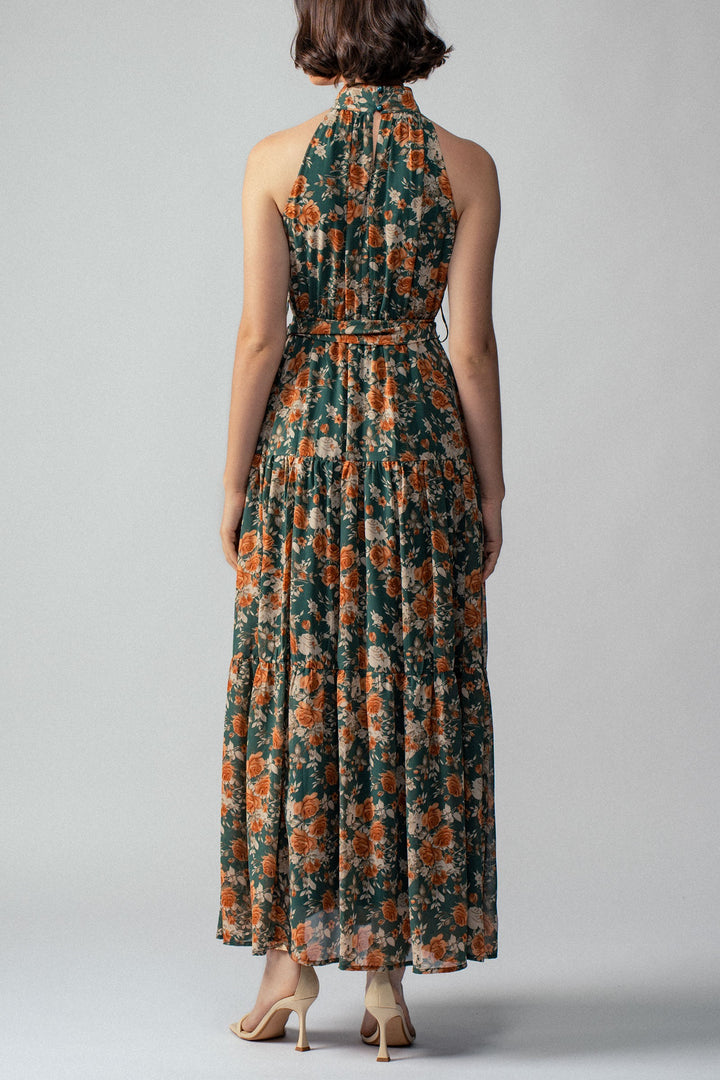 Floral Tiered Halter Neck Maxi Dress with Belt in Green - Women's Wholesale Vacation Dresses | Trend Notes
