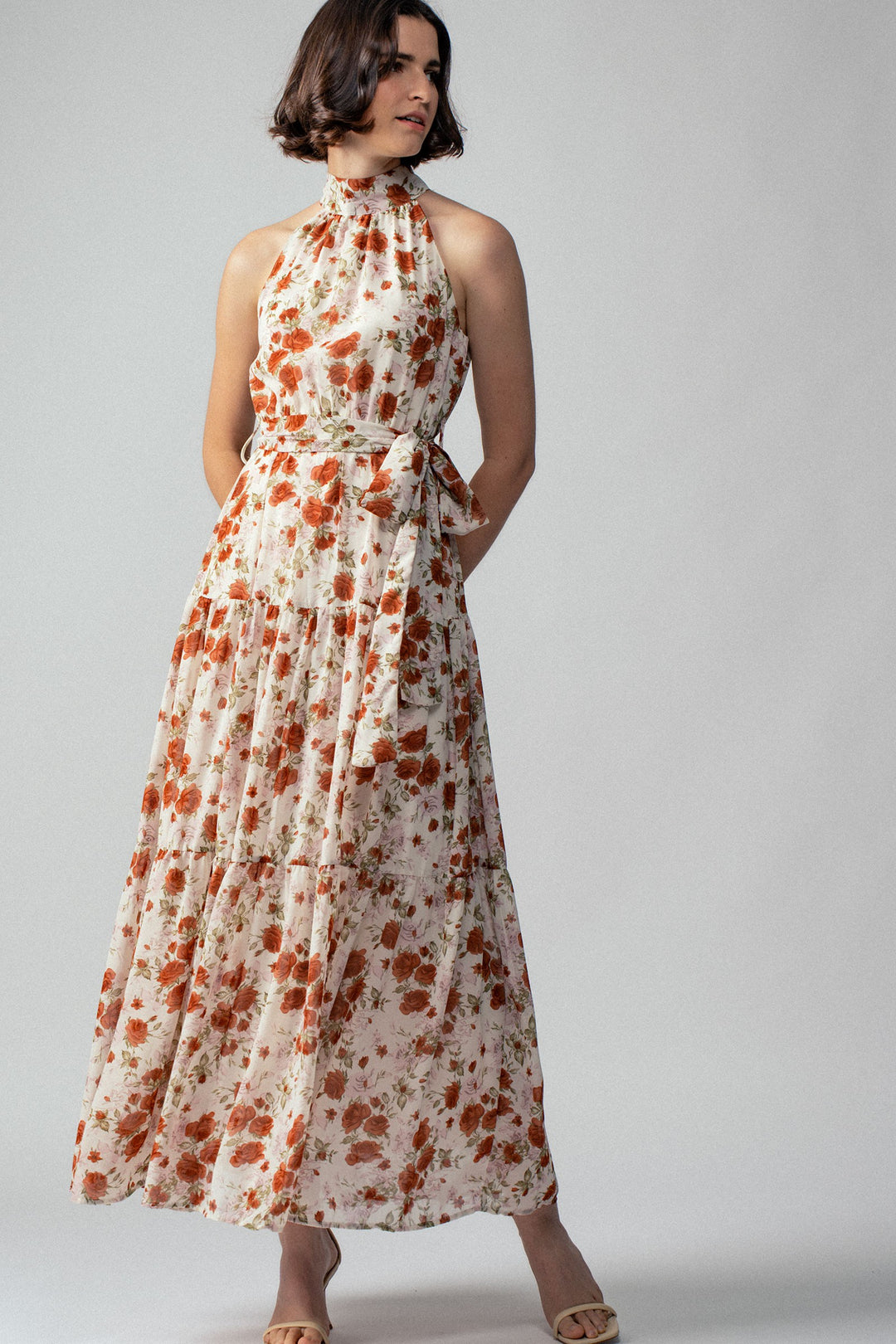 Floral Tiered Halter Neck Maxi Dress with Belt in Ivory - Women's Wholesale Vacation Dresses | Trend Notes