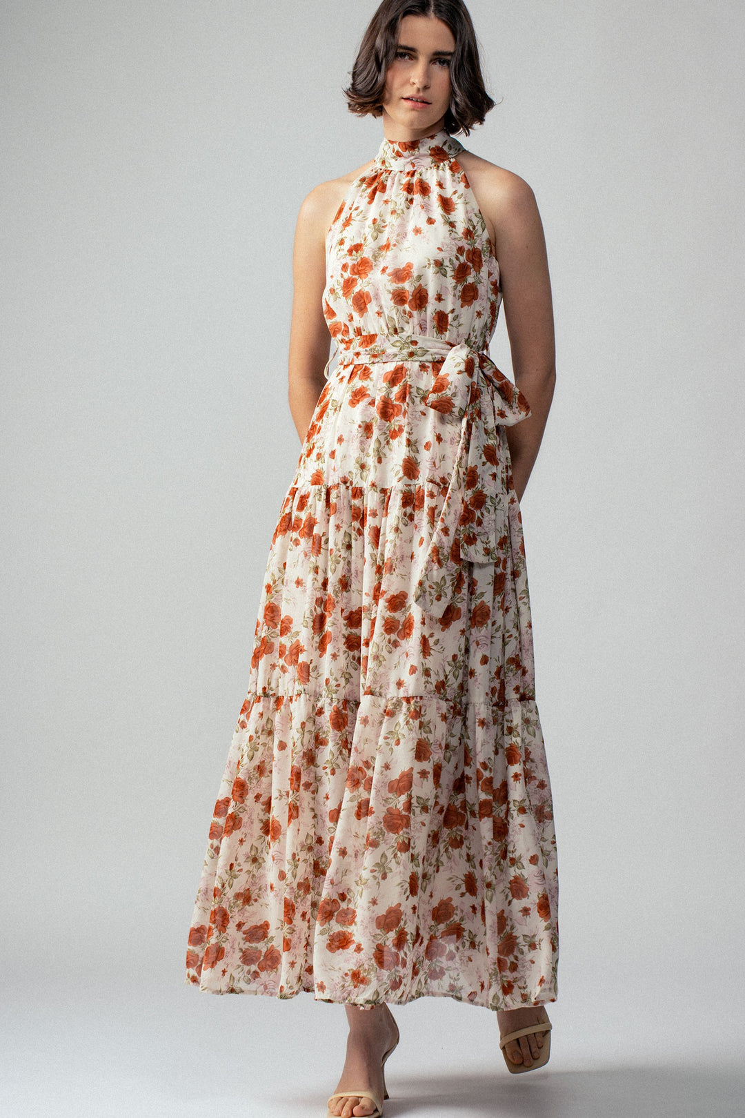 Floral Tiered Halter Neck Maxi Dress with Belt in Ivory - Women's Wholesale Vacation Dresses | Trend Notes