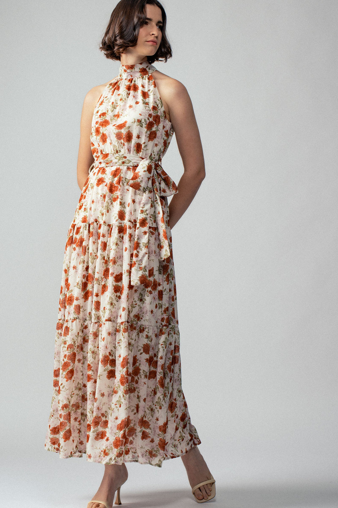 Floral Tiered Halter Neck Maxi Dress with Belt in Ivory - Women's Wholesale Vacation Dresses | Trend Notes