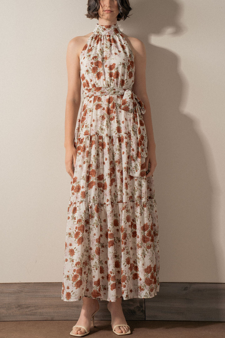 Floral Tiered Halter Neck Maxi Dress with Belt in Ivory - Women's Wholesale Vacation Dresses | Trend Notes