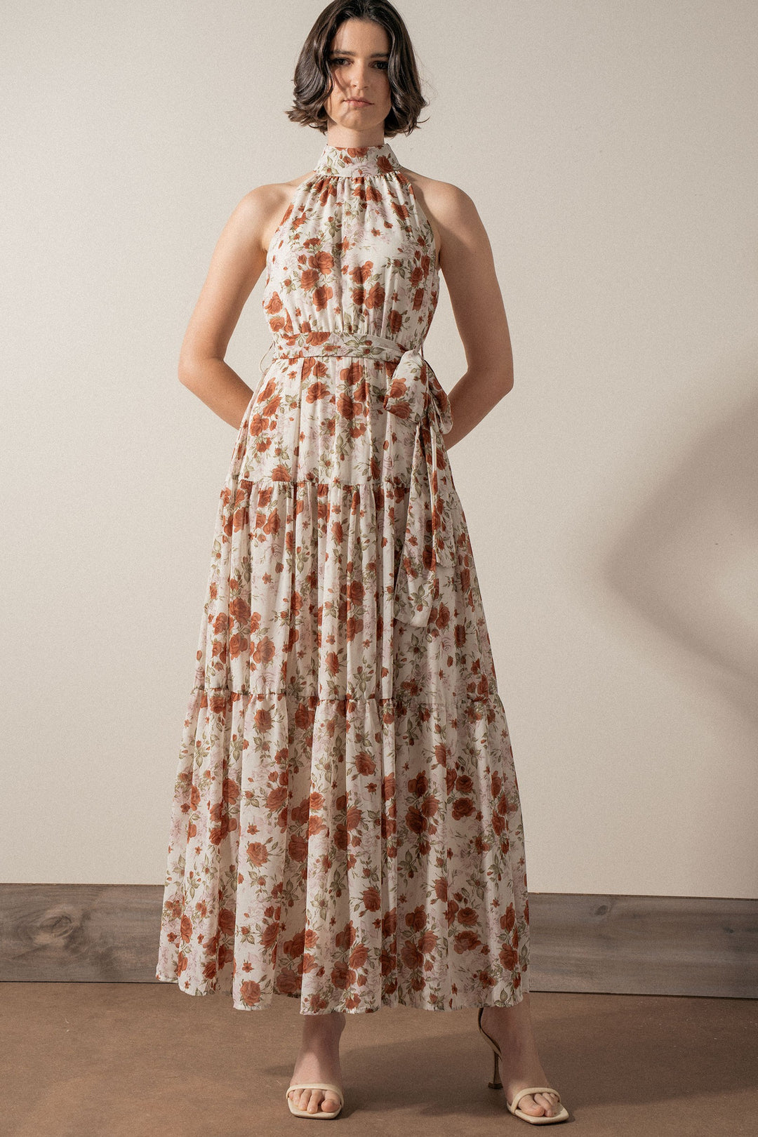 Floral Tiered Halter Neck Maxi Dress with Belt in Ivory - Women's Wholesale Vacation Dresses | Trend Notes
