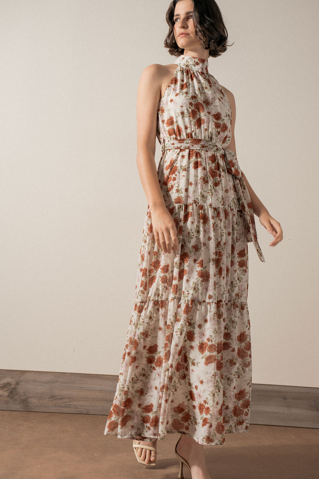 Floral Tiered Halter Neck Maxi Dress with Belt in Ivory - Women's Wholesale Vacation Dresses | Trend Notes