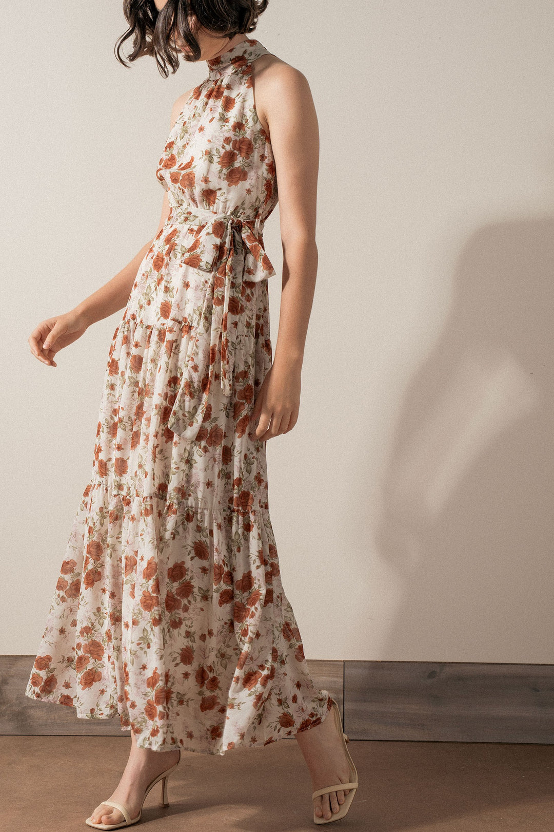 Floral Tiered Halter Neck Maxi Dress with Belt in Ivory - Women's Wholesale Vacation Dresses | Trend Notes