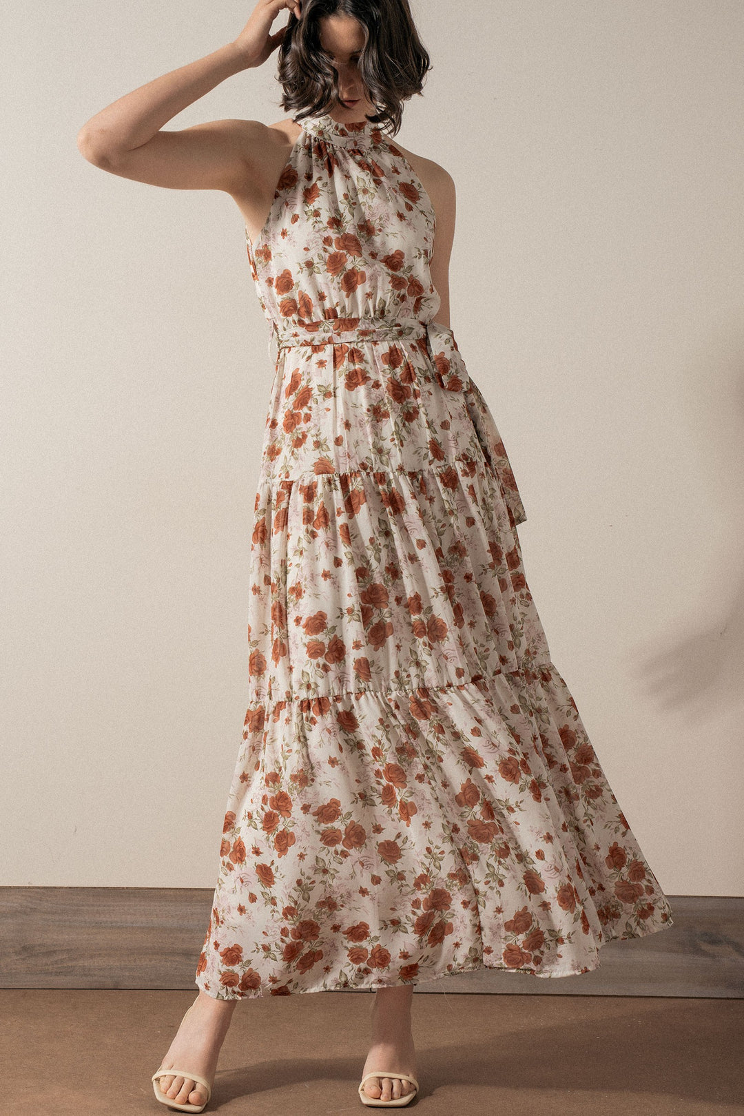 Floral Tiered Halter Neck Maxi Dress with Belt in Ivory - Women's Wholesale Vacation Dresses | Trend Notes