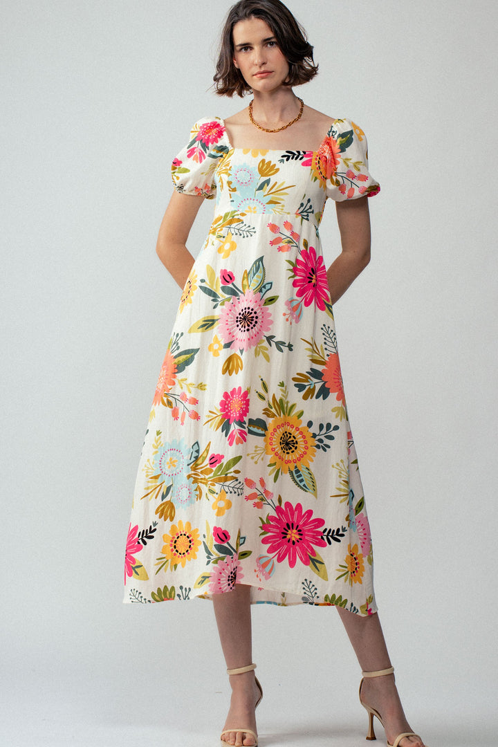 Floral Boho Maxi Dress with Puff Sleeves in Pink Multi - Women's Wholesale Casual Dresses | Trend Notes