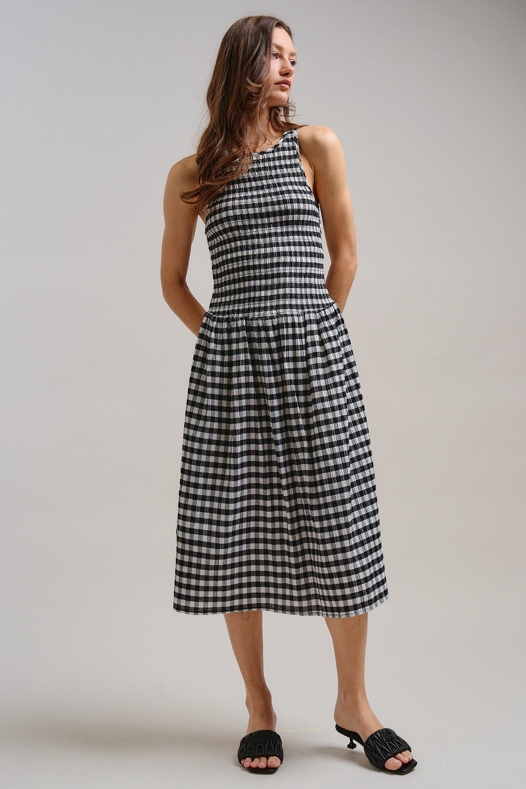 The Easygoing Gingham Midi Dress in Black - Women's Wholesale Dresses | Trend Notes
