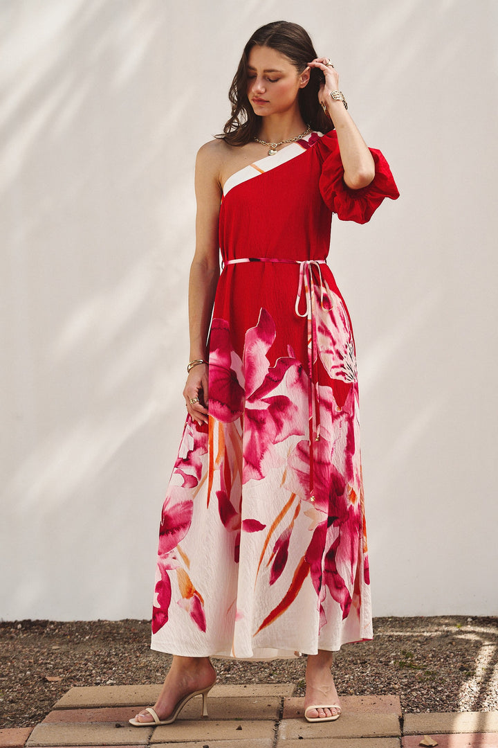 Scarlet Bloom One-Shoulder Maxi Dress in Hot Pink - Women's Wholesale Dresses | Trend Notes