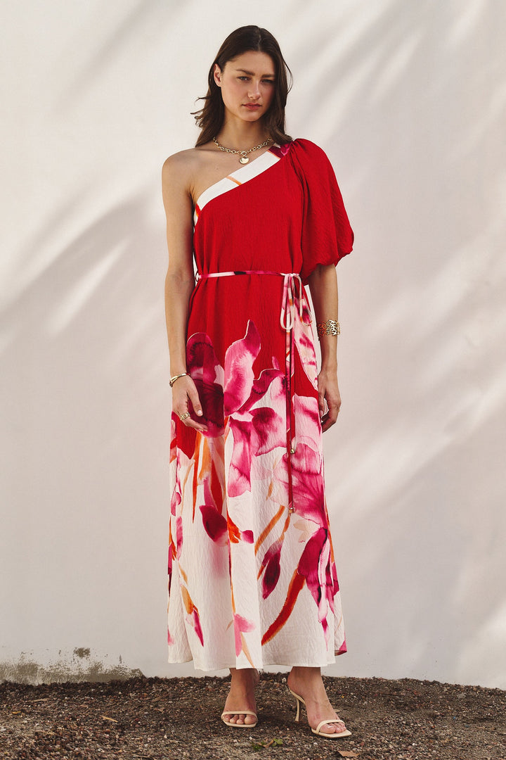 Scarlet Bloom One-Shoulder Maxi Dress in Hot Pink - Women's Wholesale Dresses | Trend Notes