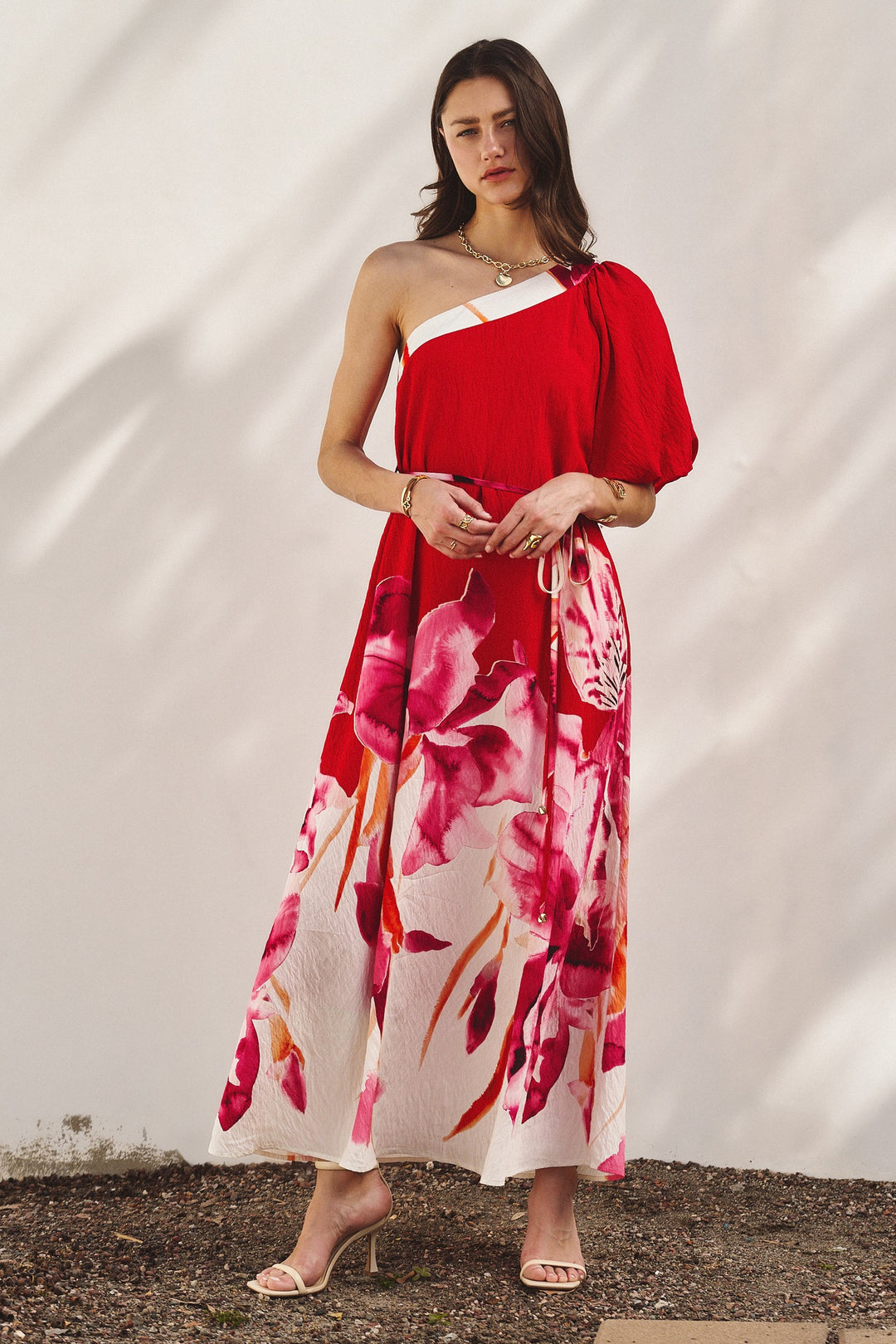Scarlet Bloom One-Shoulder Maxi Dress in Hot Pink - Women's Wholesale Dresses | Trend Notes