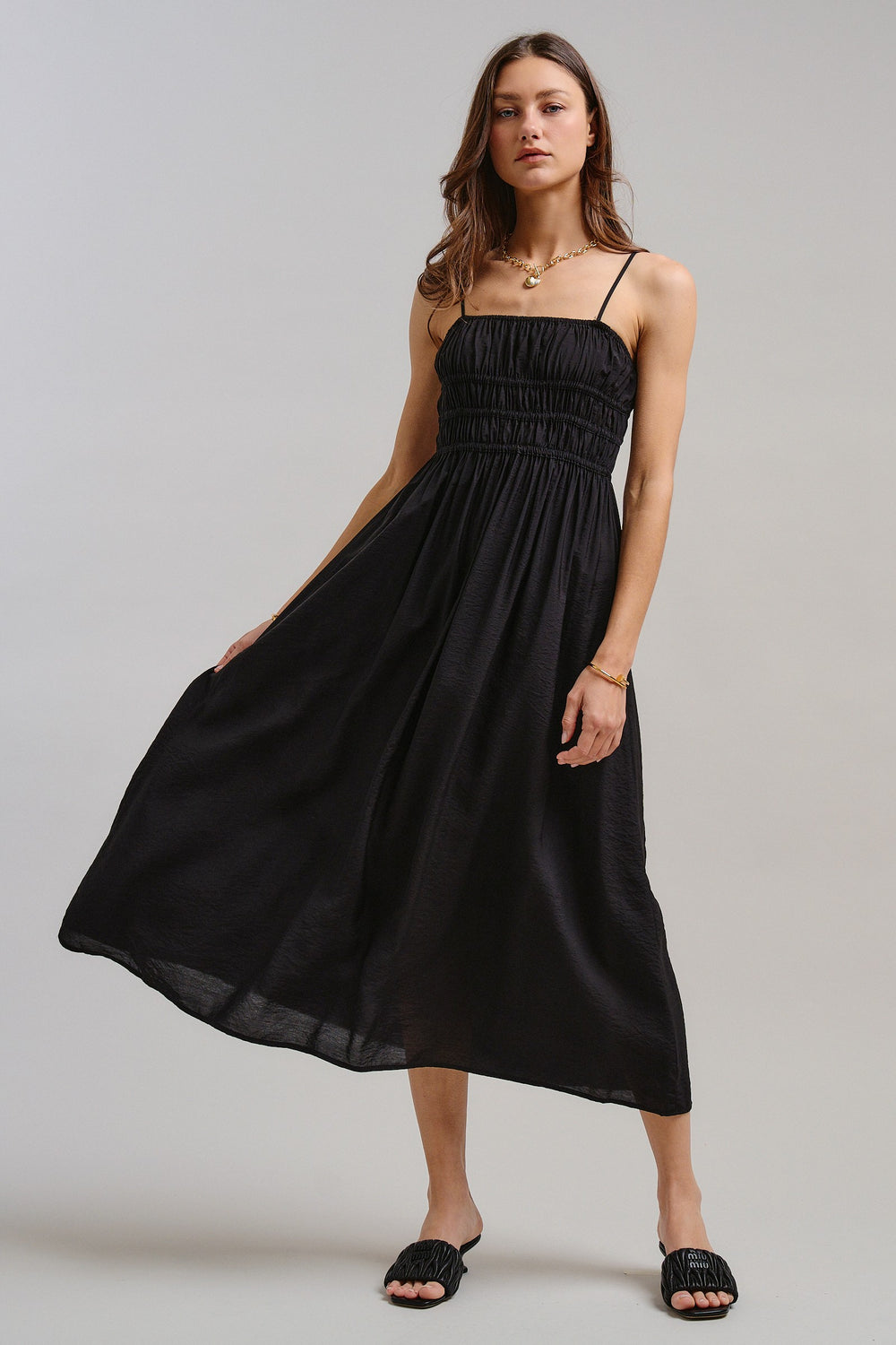 The Drop-Waist Babydoll Midi Dress in Black - Women's Wholesale Dresses | Trend Notes