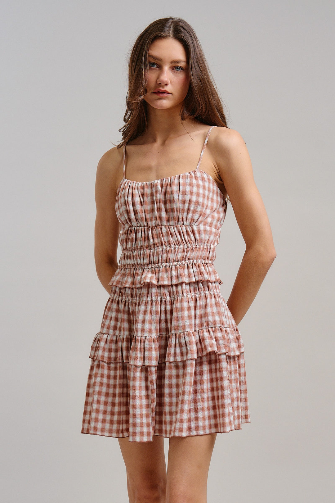 The Blush Gingham Sweetheart Mini Dress in Mocha - Women's Wholesale Dresses | Trend Notes