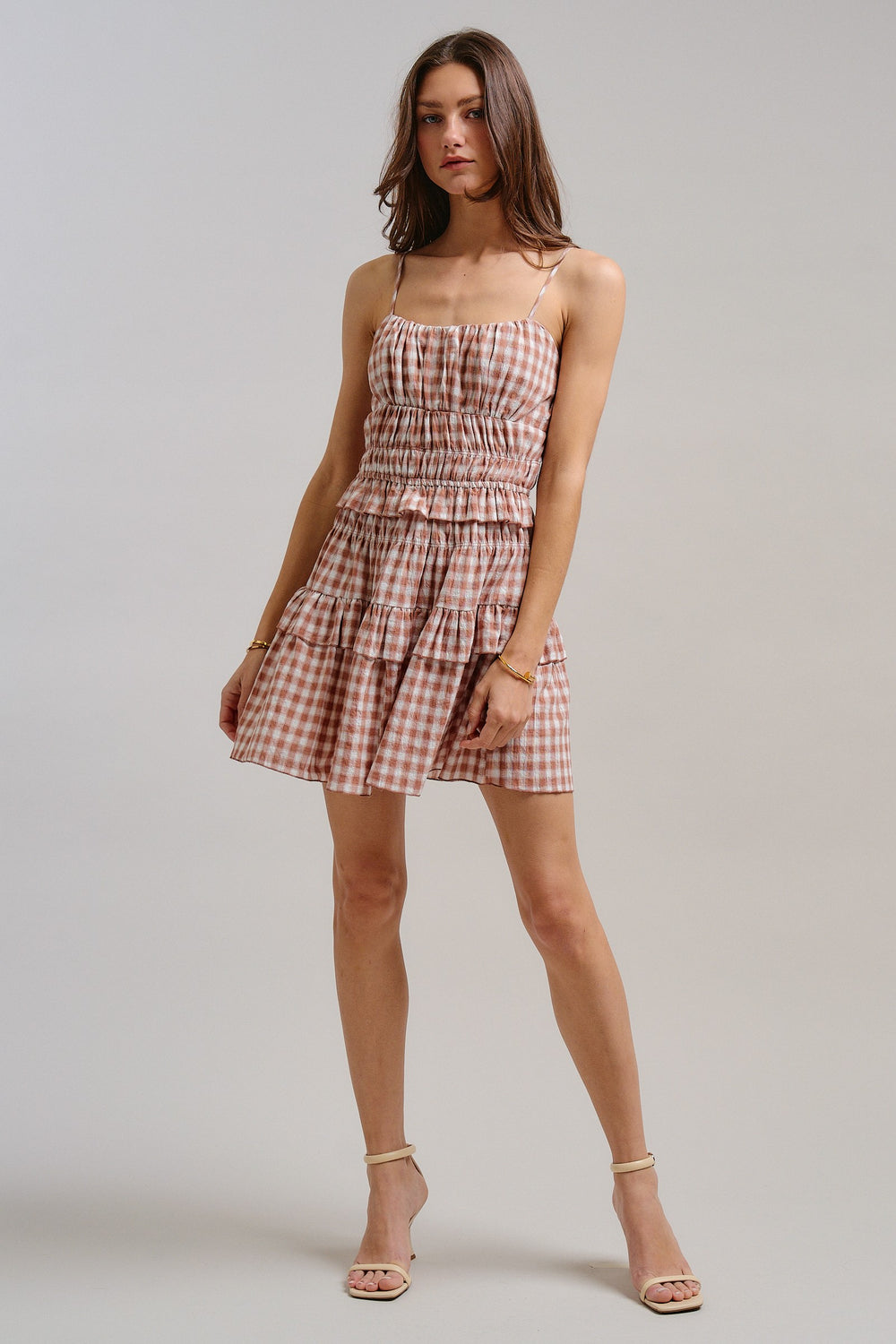 The Blush Gingham Sweetheart Mini Dress in Mocha - Women's Wholesale Dresses | Trend Notes