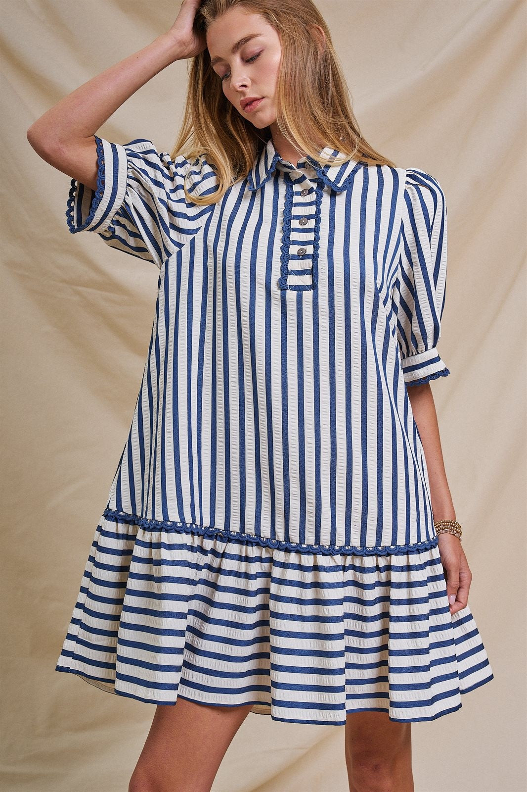 The Dockside Scalloped Stripe Ruffle Dress in Blue - Women's Wholesale Dresses | Trend Notes