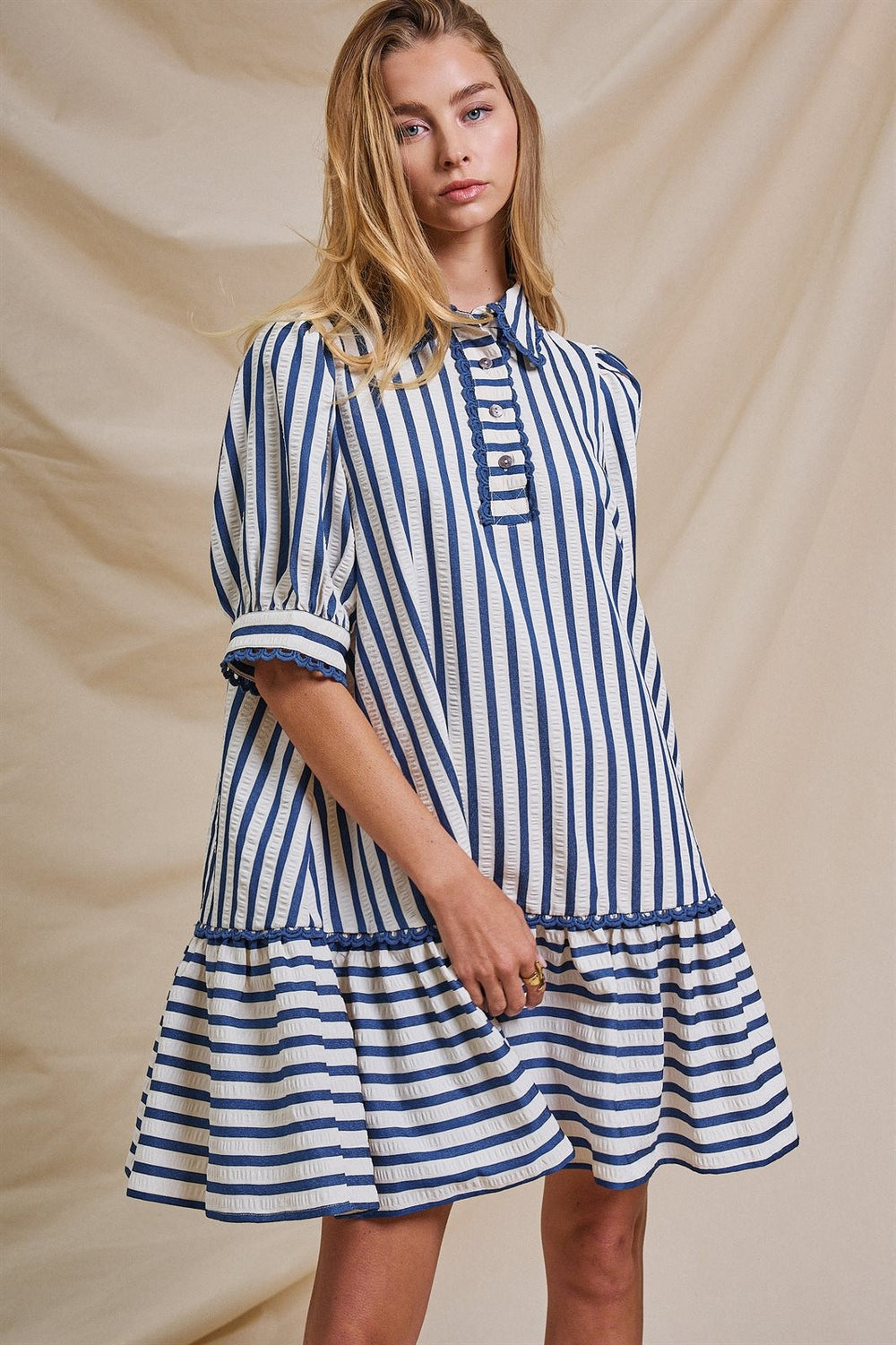 The Dockside Scalloped Stripe Ruffle Dress in Blue - Women's Wholesale Dresses | Trend Notes