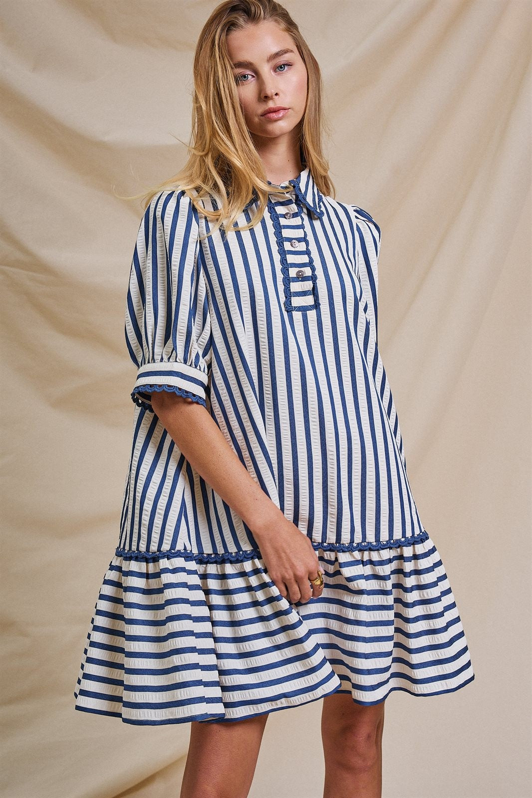 The Dockside Scalloped Stripe Ruffle Dress in Blue - Women's Wholesale Dresses | Trend Notes