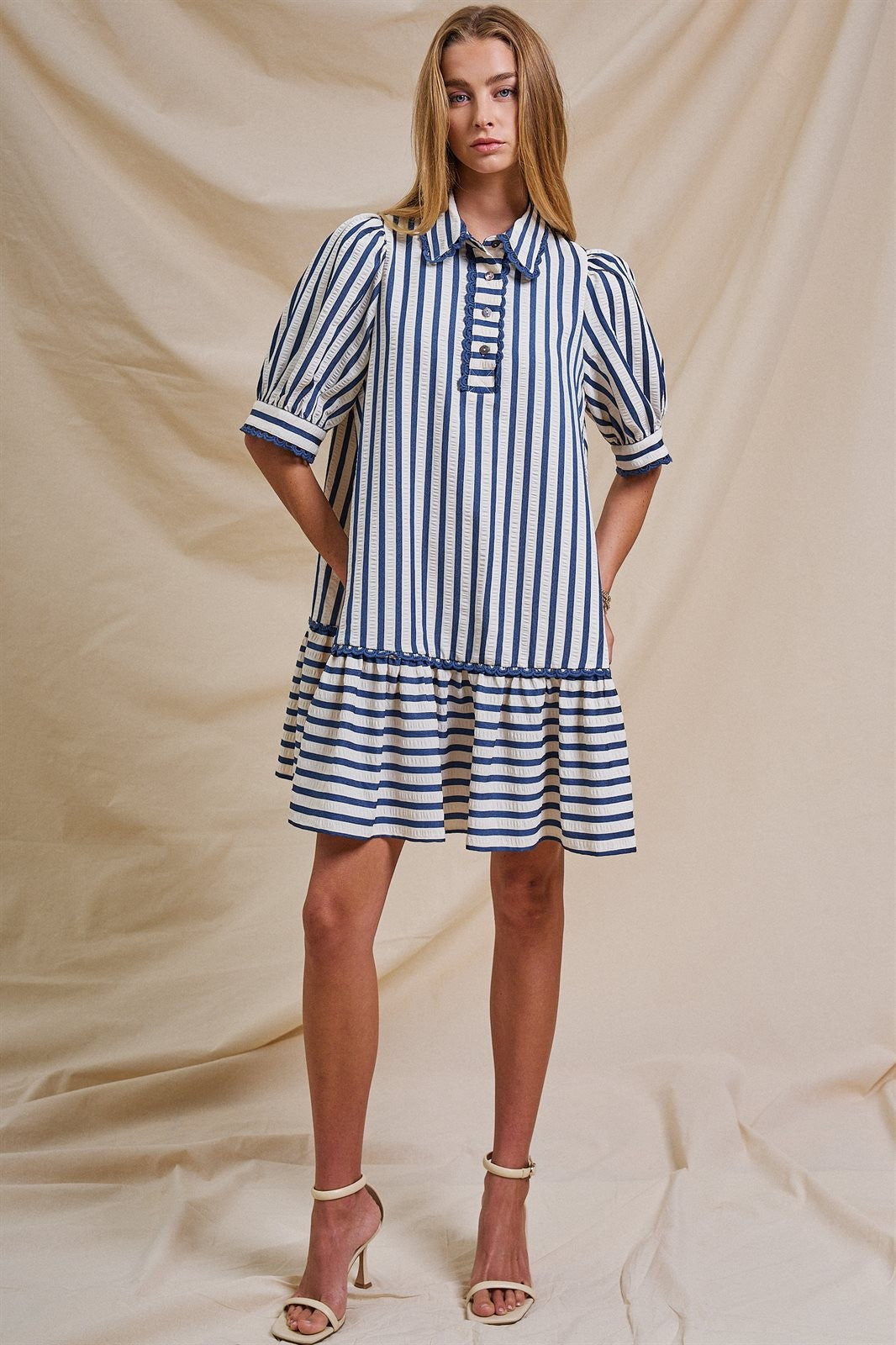 The Dockside Scalloped Stripe Ruffle Dress in Blue - Women's Wholesale Dresses | Trend Notes
