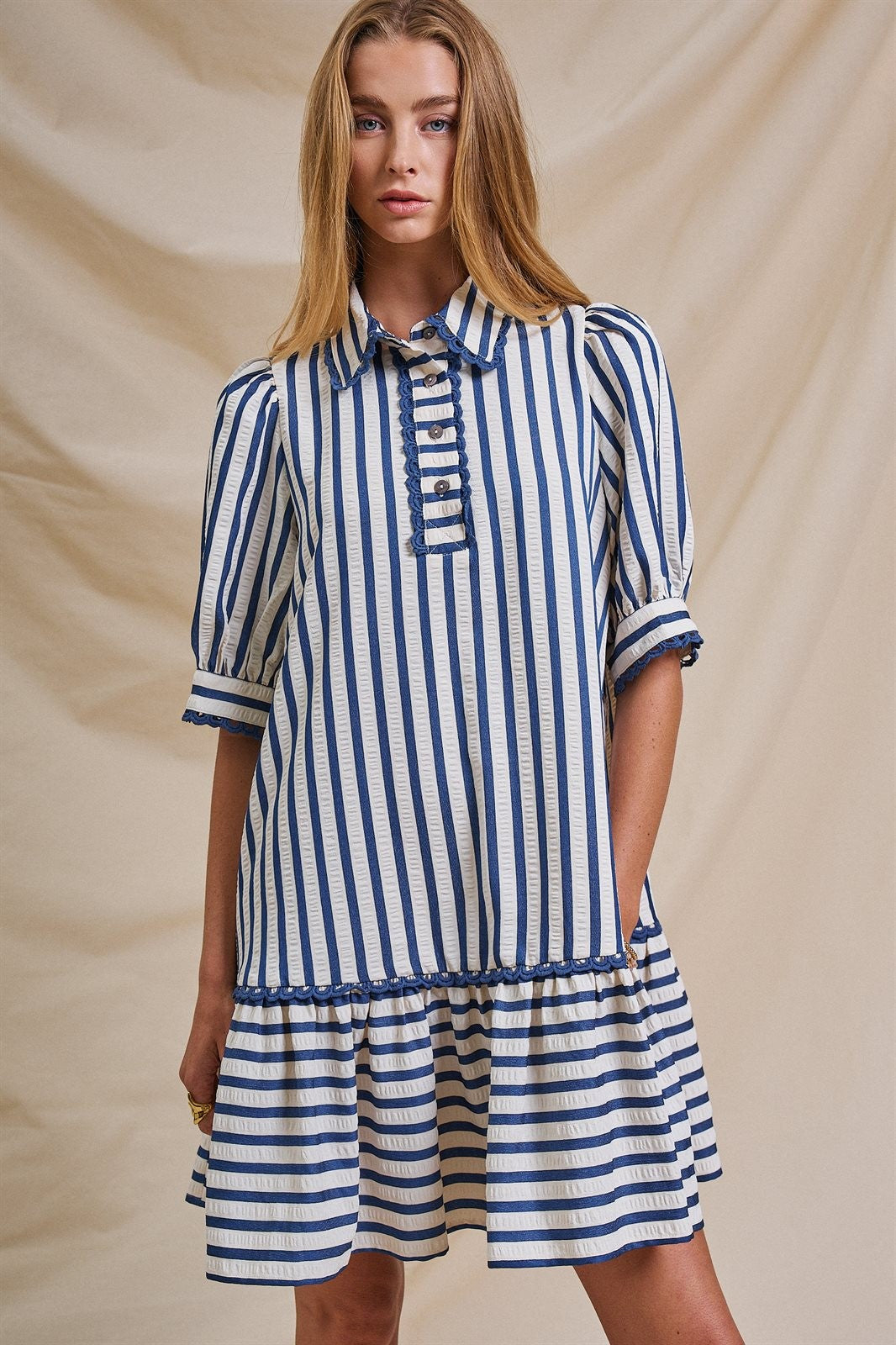 The Dockside Scalloped Stripe Ruffle Dress in Blue - Women's Wholesale Dresses | Trend Notes