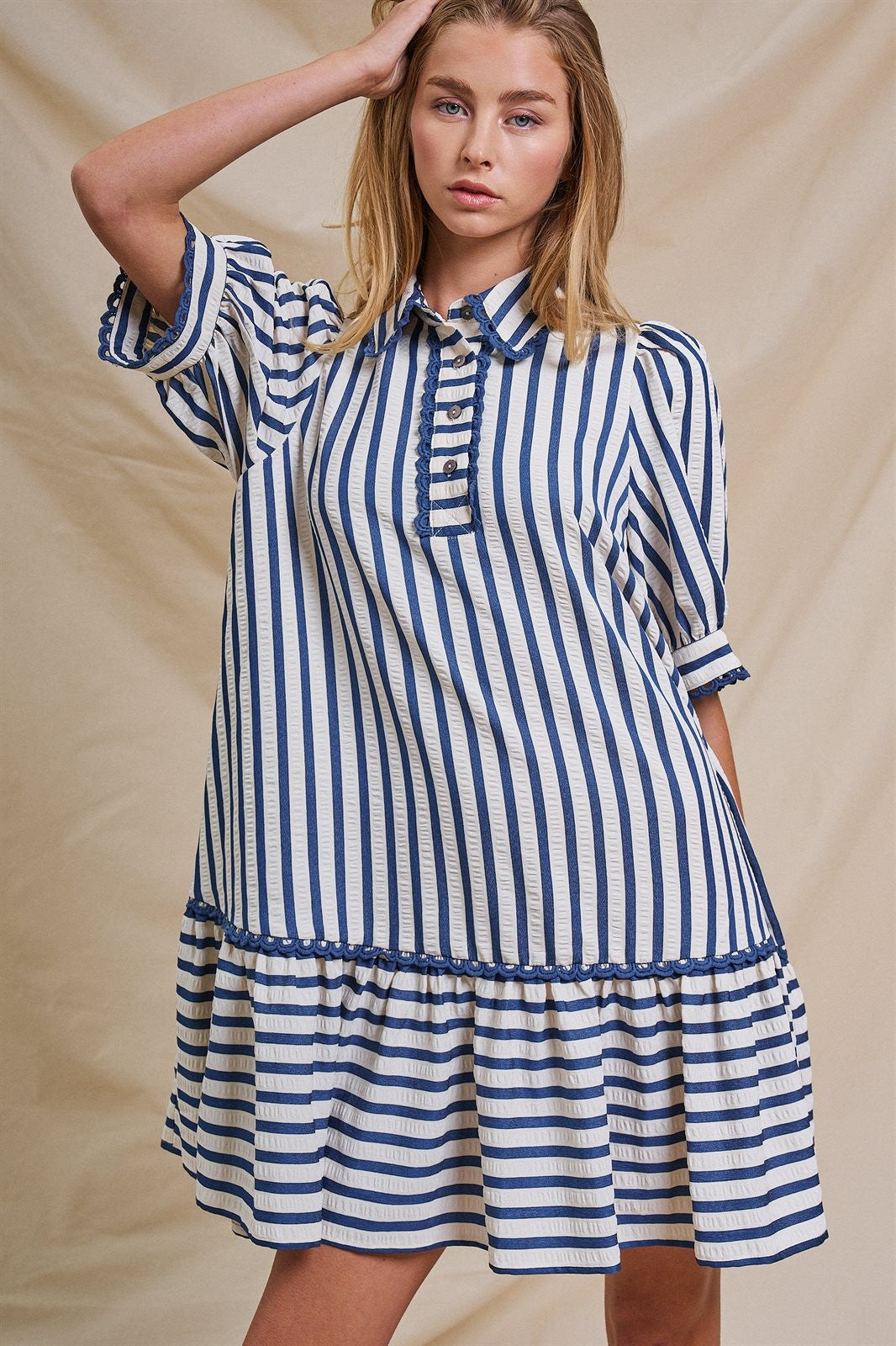 The Dockside Scalloped Stripe Ruffle Dress in Blue - Women's Wholesale Dresses | Trend Notes