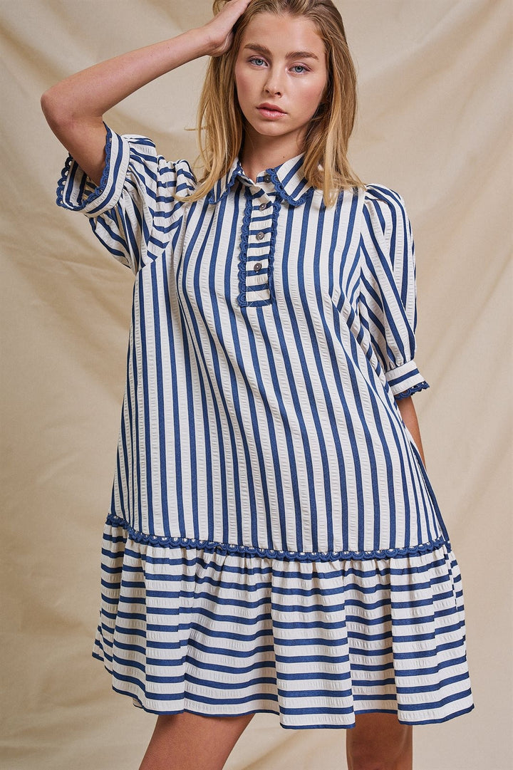 The Dockside Scalloped Stripe Ruffle Dress in Blue - Women's Wholesale Dresses | Trend Notes