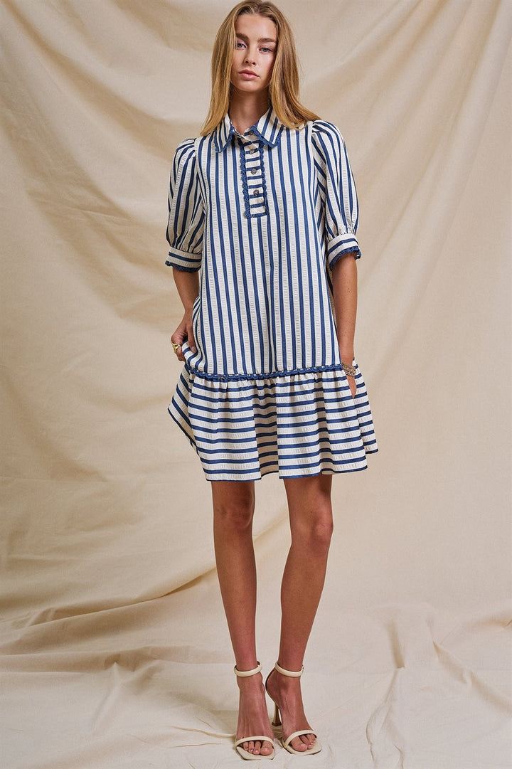 The Dockside Scalloped Stripe Ruffle Dress in Blue - Women's Wholesale Dresses | Trend Notes