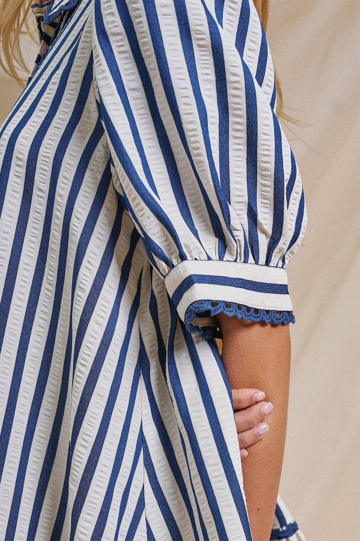 The Dockside Scalloped Stripe Ruffle Dress in Blue - Women's Wholesale Dresses | Trend Notes