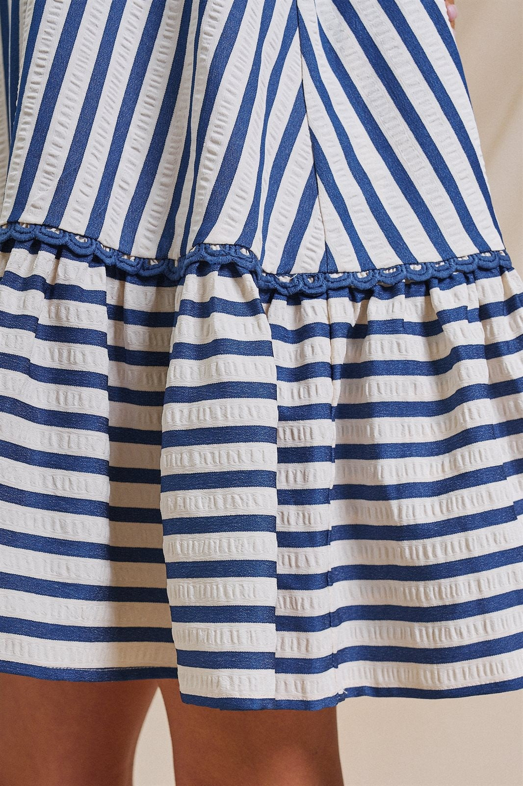 The Dockside Scalloped Stripe Ruffle Dress in Blue - Women's Wholesale Dresses | Trend Notes