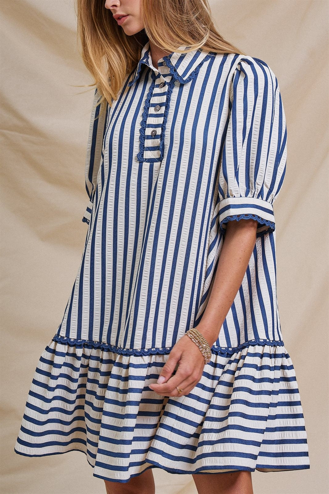 The Dockside Scalloped Stripe Ruffle Dress in Blue - Women's Wholesale Dresses | Trend Notes
