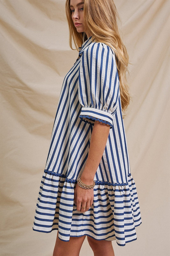 The Dockside Scalloped Stripe Ruffle Dress in Blue - Women's Wholesale Dresses | Trend Notes
