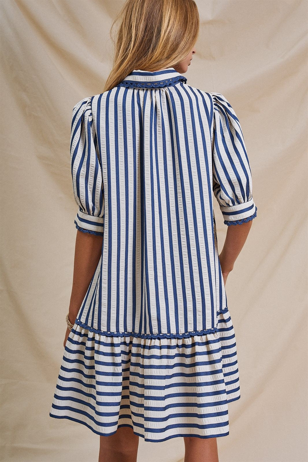 The Dockside Scalloped Stripe Ruffle Dress in Blue - Women's Wholesale Dresses | Trend Notes