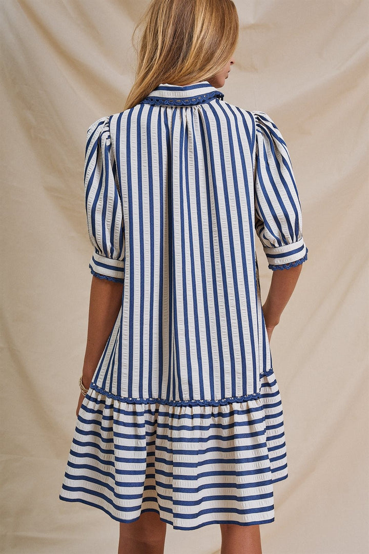 The Dockside Scalloped Stripe Ruffle Dress in Blue - Women's Wholesale Dresses | Trend Notes