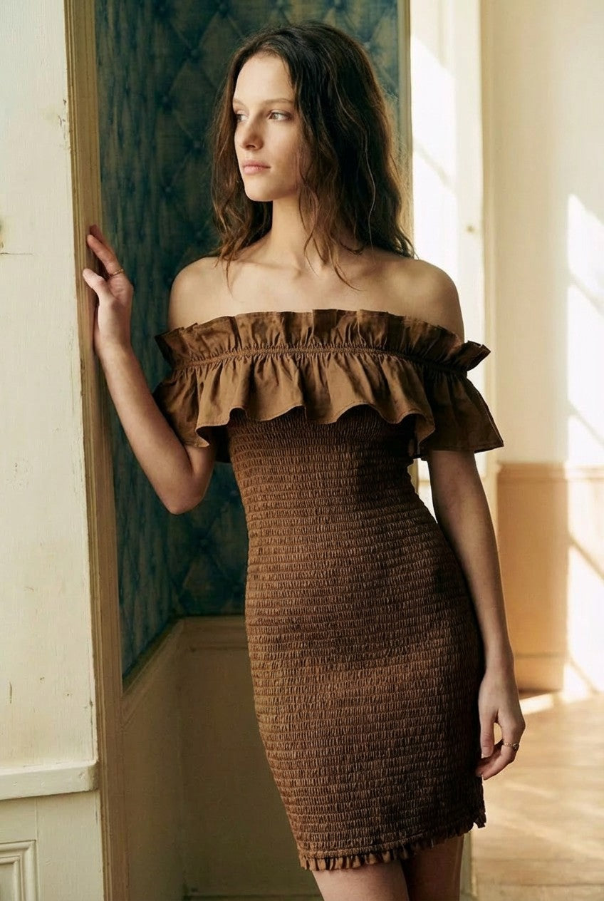 Summer Crush Smocked Ruffle Mini Dress in Brown - Women's Wholesale Dresses | Trend Notes