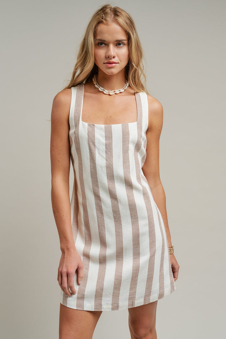 Striped Linen Blend Square Neck Mini Dress in Brown - Women's Wholesale Dresses | Trend Notes