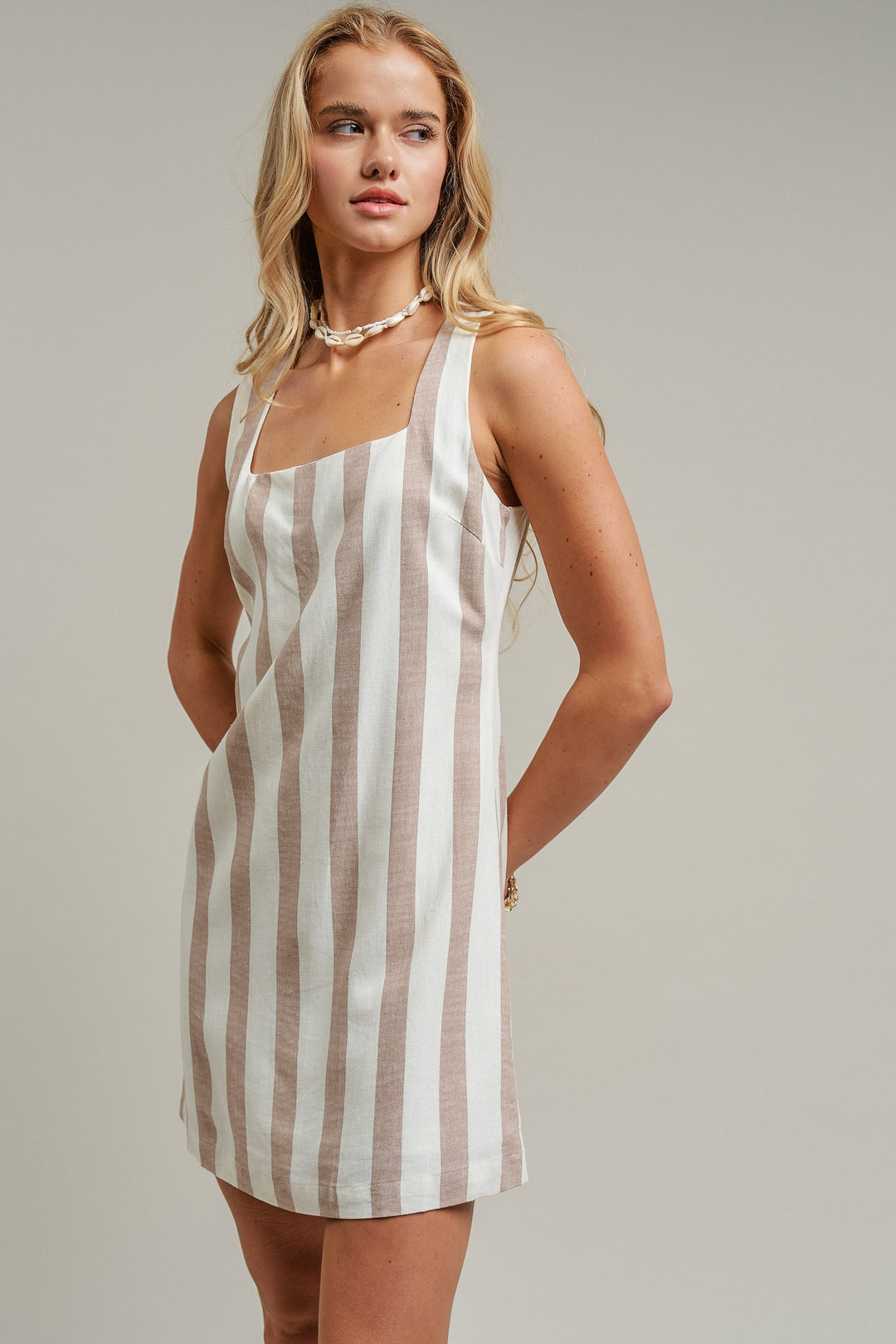 Striped Linen Blend Square Neck Mini Dress in Brown - Women's Wholesale Dresses | Trend Notes