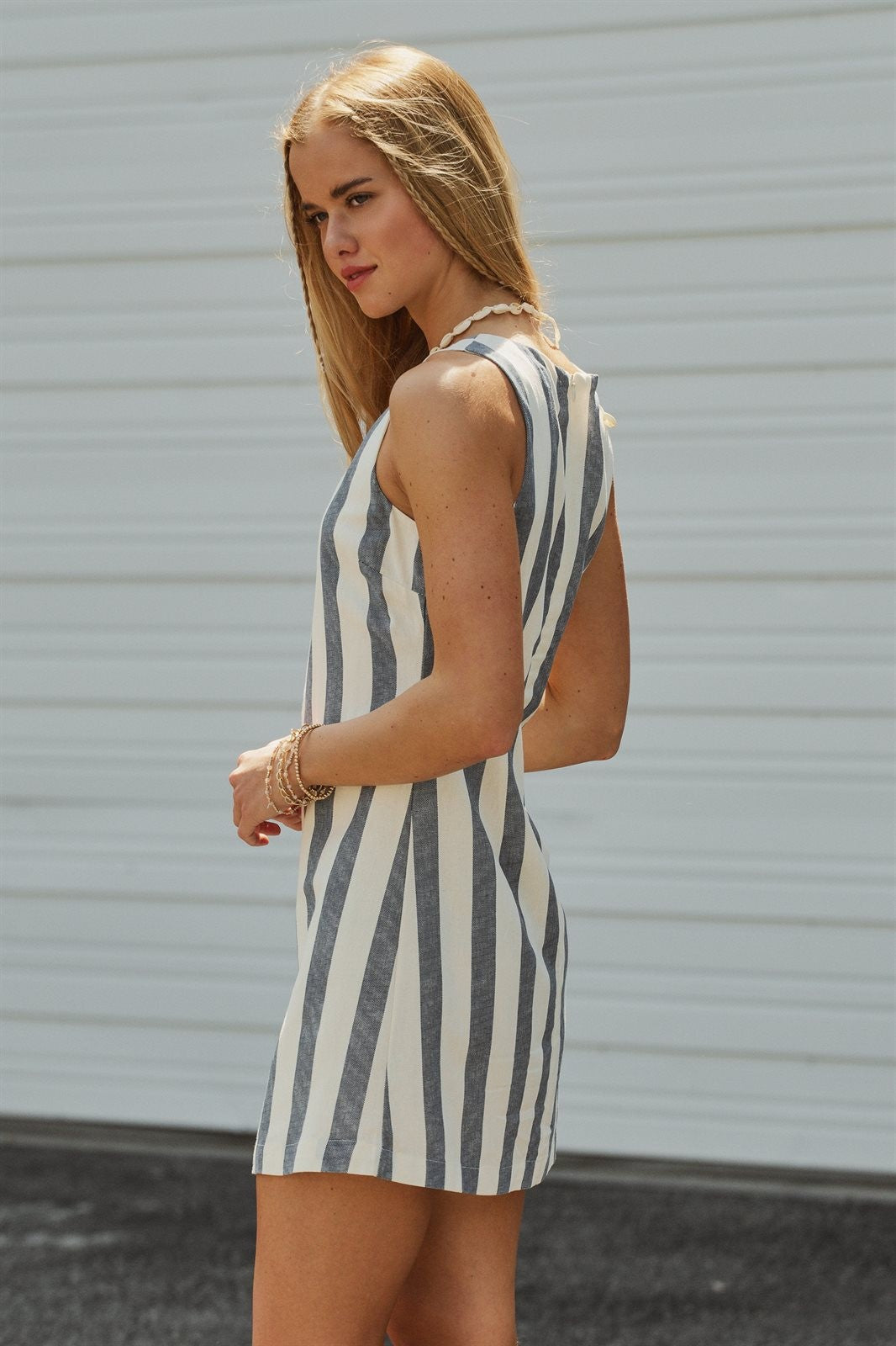 Striped Linen Blend Square Neck Mini Dress in Nany - Women's Wholesale Dresses | Trend Notes