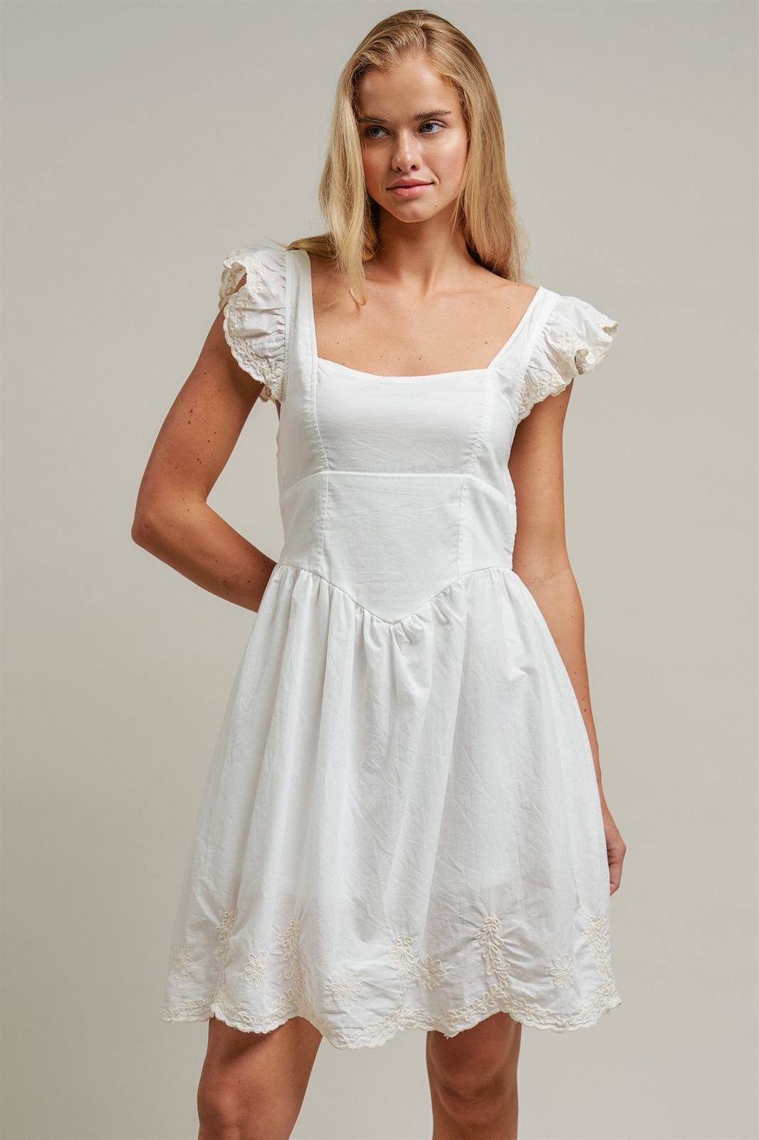 White Embroidered Lace Trim Babydoll Mini Dress Cottagecore  in White - Women's Wholesale Dresses | Trend Notes