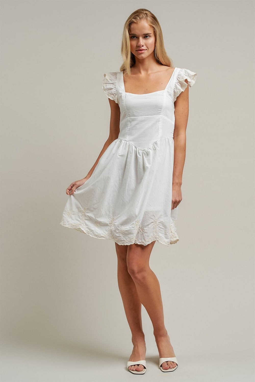 White Embroidered Lace Trim Babydoll Mini Dress Cottagecore  in White - Women's Wholesale Dresses | Trend Notes