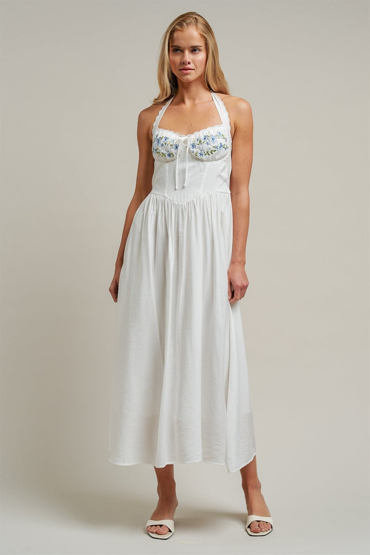 Floral Embroidered Halter Corset Midi Dress in White - Women's Wholesale Dresses | Trend Notes