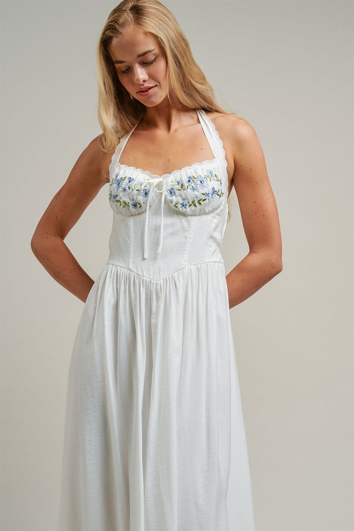 Floral Embroidered Halter Corset Midi Dress in White - Women's Wholesale Dresses | Trend Notes