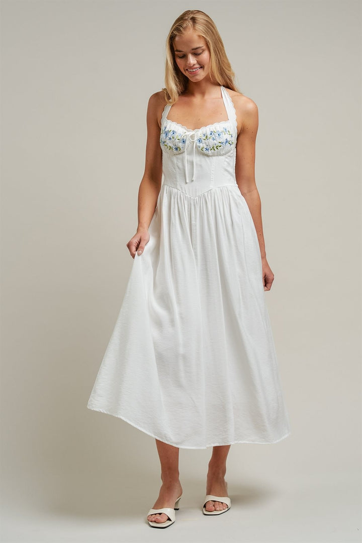 Floral Embroidered Halter Corset Midi Dress in White - Women's Wholesale Dresses | Trend Notes