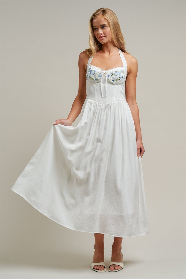 Floral Embroidered Halter Corset Midi Dress in White - Women's Wholesale Dresses | Trend Notes
