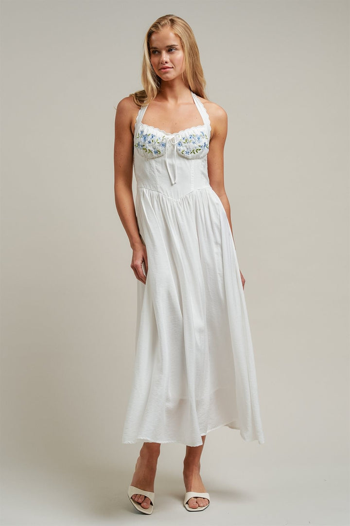 Floral Embroidered Halter Corset Midi Dress in White - Women's Wholesale Dresses | Trend Notes