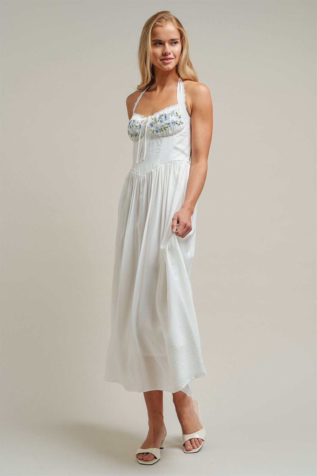 Floral Embroidered Halter Corset Midi Dress in White - Women's Wholesale Dresses | Trend Notes