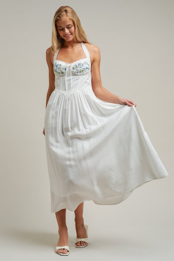 Floral Embroidered Halter Corset Midi Dress in White - Women's Wholesale Dresses | Trend Notes
